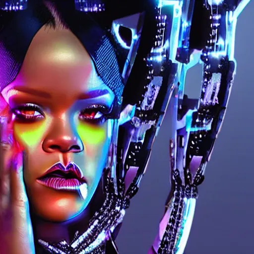 Prompt: rihanna as cyberpunk goddess in neon city