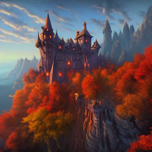 Image similar to Evil castle by Evgeny Lushpin, greg rutkowski,red sky,background mountains,autumn,halloween