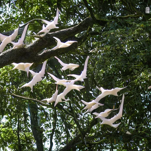 Prompt: a flock of pterodon sitting in a tree