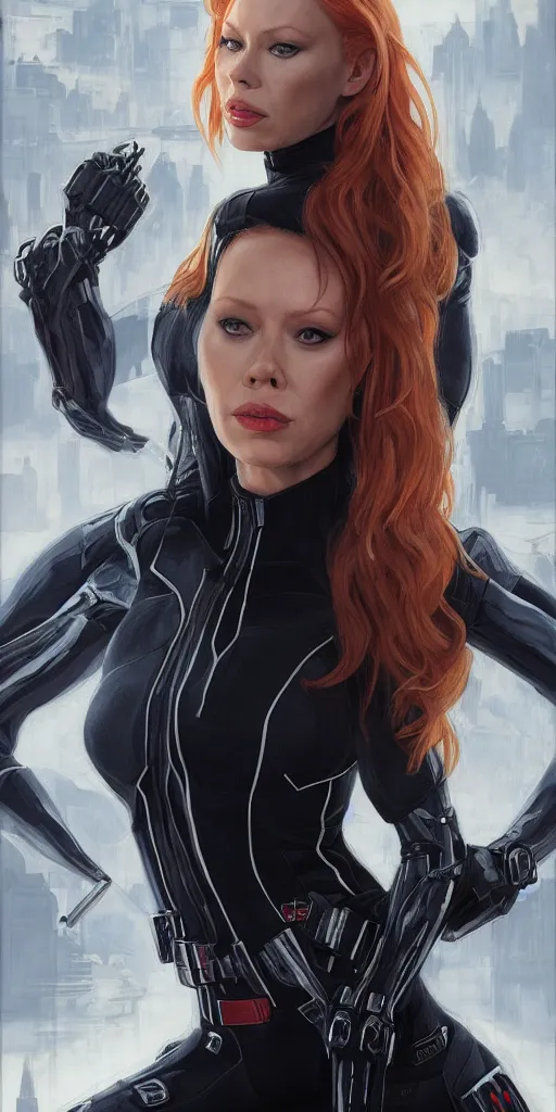 Image similar to portrait of Jenna Jameson as Black Widow in the Avengers movie, looking at camera, intricate, dystopian, sci-fi, extremely detailed, octane render, digital painting, concept art, smooth, sharp focus, illustration, incredible art by artgerm and greg rutkowski and alphonse mucha and simon stalenhag