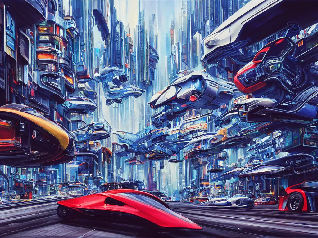 Prompt: hyperrealistic painting of a slice of life from a futuristic city, mechanical designs, futuristic vehicles, technological, futuristic automobiles, detailed engineering, vivid color, elegant, meticulous, cinematic, cyberpunk style, highly detailed, realism, intricate, acrylic on canvas, 8 k resolution, concept art, by noriyoshi ohrai, francesco di giorgio martini