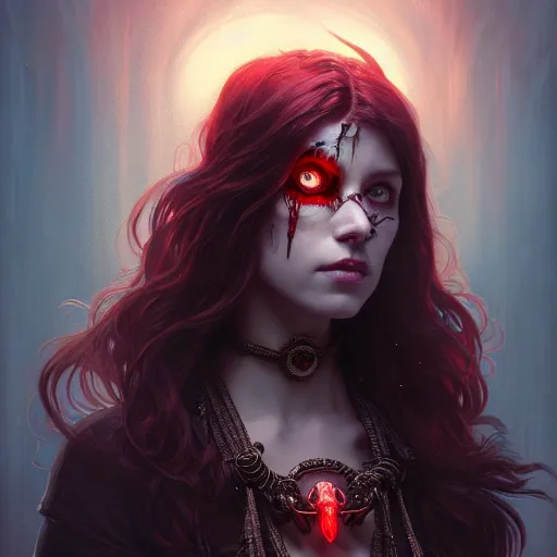 Prompt: Portrait of a young female necromancer with glowing red eyes wearing a necklace with bird skulls, epic dark fantasy, medium shot, intricate, elegant, highly detailed, digital painting, artstation, concept art, smooth, sharp focus, illustration, art by artgerm and greg rutkowski and alphonse mucha