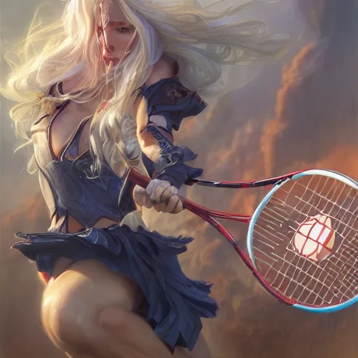 Image similar to shalltear bloodfallen playing tennis, detailed, centered, digital painting, artstation, concept art, donato giancola, joseph christian leyendecker, wlop, boris vallejo, breathtaking, 8 k resolution, extremely detailed, beautiful, establishing shot, artistic, hyperrealistic, beautiful face, octane render, cinematic lighting, dramatic lighting, masterpiece