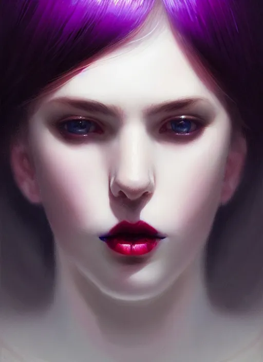 Image similar to portrait of pale teenage girl, red irises, black hair, white bangs, purple lipstick, intricate, elegant, glowing lights, highly detailed, digital painting, artstation, concept art, smooth, sharp focus, illustration, art by wlop, mars ravelo and greg rutkowski