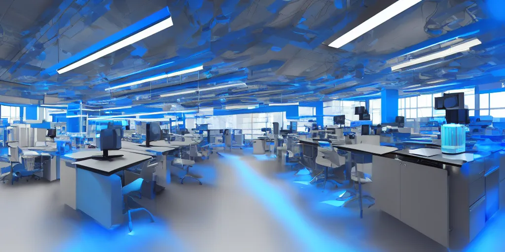 Image similar to A hi-tech laboratory with computers, consoles, test tubes with blue liquid inside, blue lamps on the ceiling, sci-fi, cinematic lightning, 8k render, ultra HD