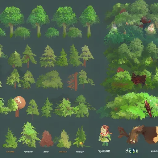 Prompt: a forest kitbash scenario game asset pack to kitbash. Transparent background, omg, 4k, spritesheet Ori and the blind forest. Ghibli studio