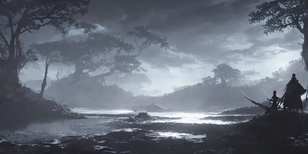 Prompt: an environmental concept art of ghost of tsushima, highly detailed, environmental light, cinematic by francis tneh