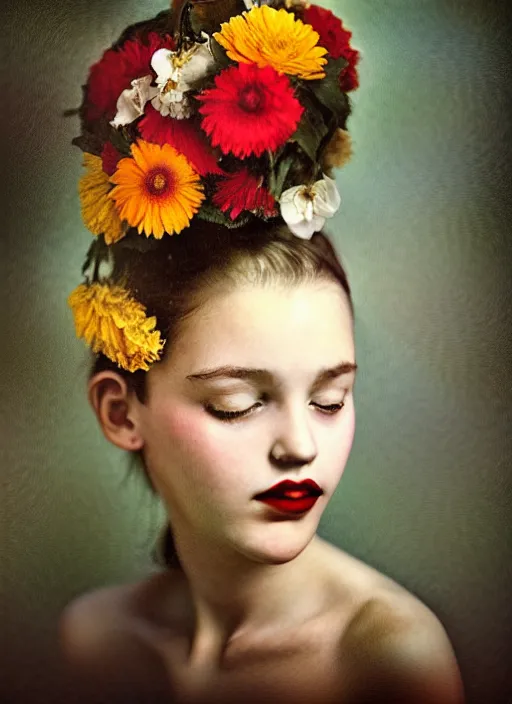 Image similar to stunning young girl With flowers in her hair, fine art portrait photography by Sarah Moon