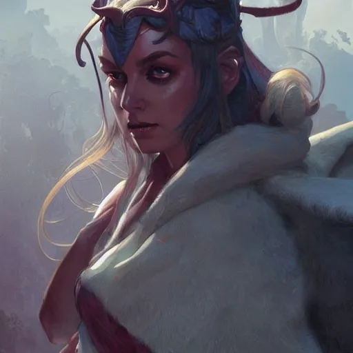 Image similar to Tiefling with tail D&D, fantasy highly detailed, digital painting, artstation, concept art, sharp focus, illustration, art artgerm by greg rutkowski and alphonse mucha