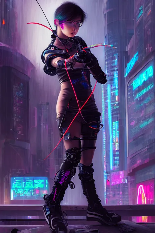 Image similar to portrait futuristic adorable cyberpunk young female archer, in futuristic stormy thunder light tokyo rooftop cyberpunk night, ssci-fi, fantasy, intricate, very very beautiful, elegant, neon light, highly detailed, digital painting, artstation, concept art, soft light, hdri, smooth, sharp focus, illustration, art by tian zi and craig mullins and WLOP and alphonse mucha