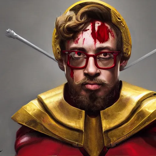 Prompt: Sam Hyde as a Roman warrior wearing gold and red armor, elegant suit, looking at bloody fist, portrait art by James Jean, highly detailed, digital painting, concept art, illustration, dim lighting with twilight rays of sunlight, trending on artstation, very detailed, smooth, sharp focus, octane render, close up