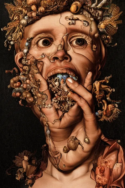 Prompt: Detailed maximalist portrait with large lips and with large wide eyes, surprised expression, surreal extra flesh , HD mixed media, 3D collage, highly detailed and intricate, illustration in the golden ratio, in the style of Caravaggio, dark art, baroque