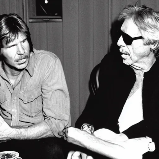 Image similar to harrison ford and john carpenter talking, 1 9 8 0 s photography