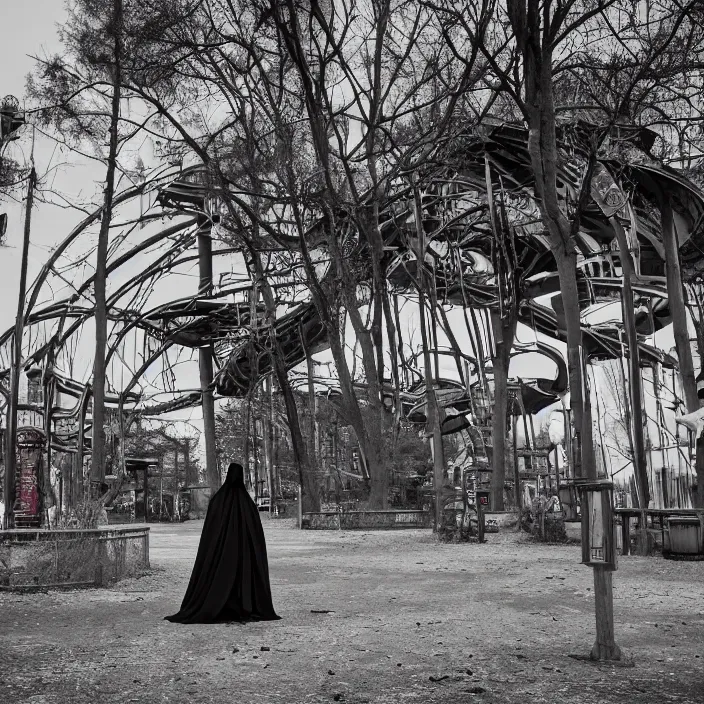 Prompt: a cloaked figure in an abandoned amusement park, by omar z. robles, canon eos c 3 0 0, ƒ 1. 8, 3 5 mm, 8 k, medium - format print