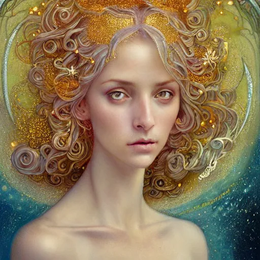 Prompt: Beautiful Delicate Detailed portrait of sun summer woman, With Magical golden eyes by Tom Bagshaw, Bastien Lecouffe Deharme, Erik Johansson, Amanda Sage, Alex Grey, Alphonse Mucha, Harry Clarke, Josephine Wall and Pino Daeni, Delicate winter frozen creature With long golden Hair and Magical Sparkling Eyes, Magic Particles; Magic Swirls, in a out of this world magical summer landscape, 4K; 64 megapixels; 8K resolution concept art; detailed painting; digital illustration; hyperrealism; trending on Artstation; Unreal Engine Photorealistic, lifelike, Unreal Engine, sharp, sharpness, detailed, 8K