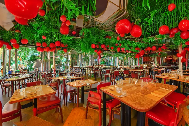 Prompt: 1 9 9 2 rainforest themed diner, tables repeat into the horizon, fruitcore, watermeloncore, one point perspective, americana, restaurant interior photography, 5 5 mm