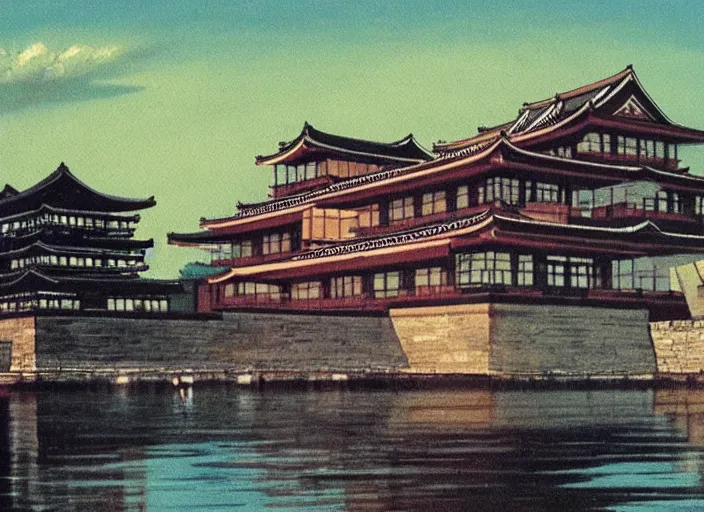 Prompt: vincent di fate's 1 9 8 0 cozy, simple painting of hiroshima castle in hiroshima. cyberpunk style.