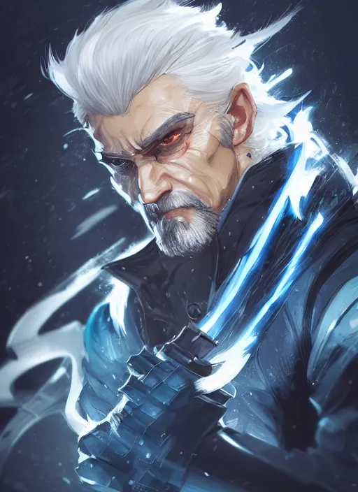 Prompt: a highly detailed illustration of furious short slick back white haired man wearing dark blue coat, bright blue eyes, heroic dramatic wielding katana pose, intricate, elegant, highly detailed, centered, digital painting, artstation, concept art, smooth, sharp focus, league of legends concept art, wlop