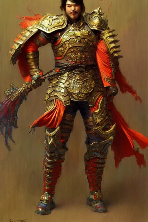 Image similar to attractive beefy male with armor, ming dynasty, character design, colorful paint, sweat, painting by gaston bussiere, craig mullins, j. c. leyendecker