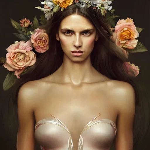 Prompt: a Brazilan Supermodel wearing a floral crown, lying on a silk cloth, fog, volumetric lighting, olive skin, long dark hair, beautiful bone structure, intricate, elegant, highly detailed, digital painting, artstation, concept art, smooth, sharp focus, illustration, art by artgerm and greg rutkowski and alphonse mucha