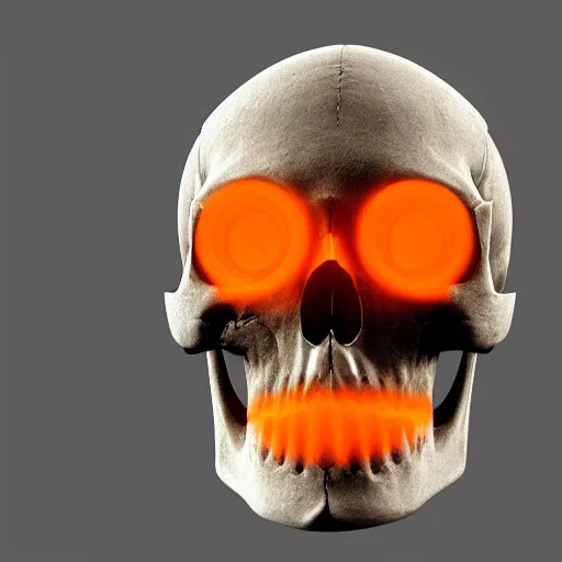 Image similar to real human skull with circular orange light electronic eyes in eye holes