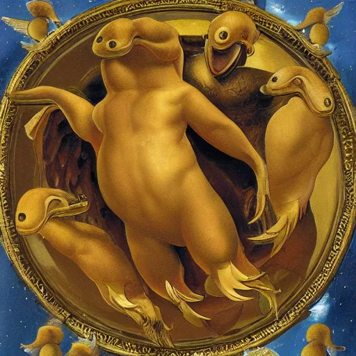 Prompt: An oil paintng of an angel platypus, surrounded by interlocking gold wheels, with multiple eyes, in heroic pose, by Michelangelo