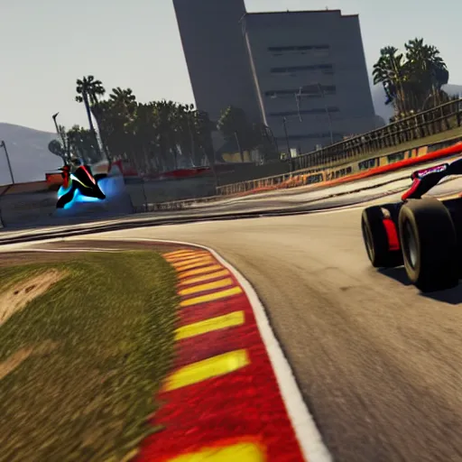 Prompt: Gameplay screenshot of Max Verstappen in GTA V, Grand Theft Auto, Red Bull