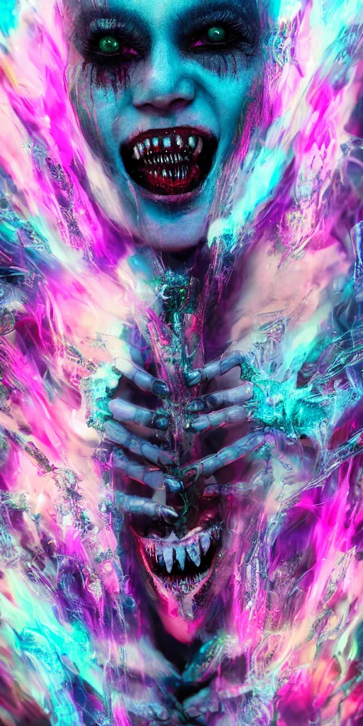 Image similar to impossibly beautiful vampire with large vampire fangs, full body, intricate complexity, surreal horror, psychedelic glitch art, rainbow drip paint, trending on art station, photoreal, 8k, octane render