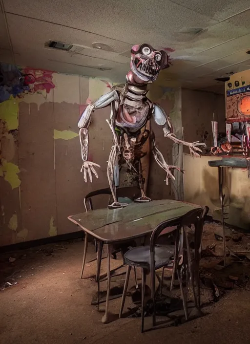 Image similar to a nightmarish animatronic in an abandoned family restaurant