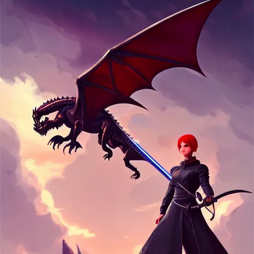 Image similar to a woman holding a sword with a dragon on it, concept art by Ilya Kuvshinov, contest winner, fantasy art, official art, concept art, high detail, experimental, high quality, hyperrealistic, 4k