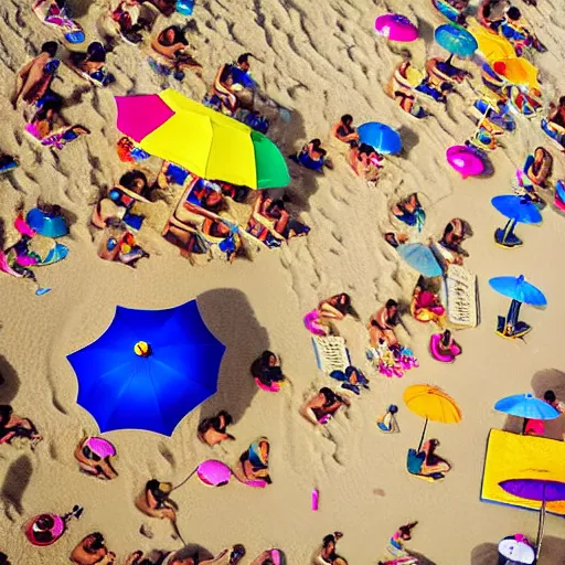 Image similar to photograph beachscapes from an almost perpendicular angle, Aerial view of sandy beach with umbrellas and sea, Aerial of a crowded sandy beach with colourful umbrellas, sun bathers and swimmers during summer, by Tommy Clarke