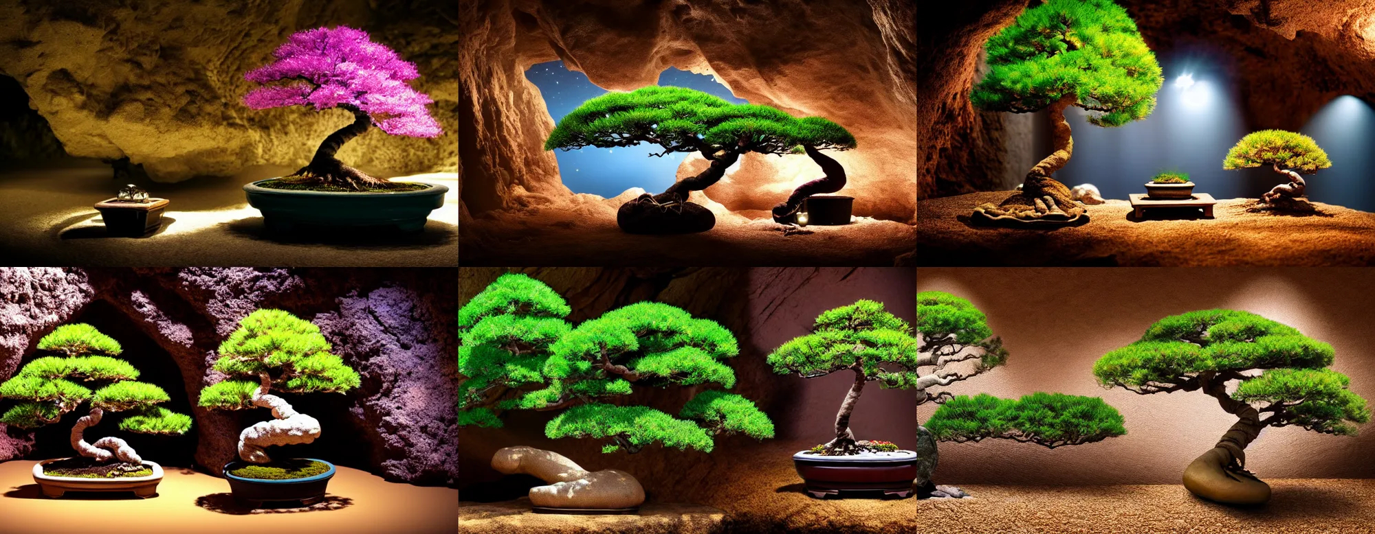 Prompt: shimmering bonsai tree hidden in a cave with a cat laying next to it, cinematic lighting, beautiful, 4 k