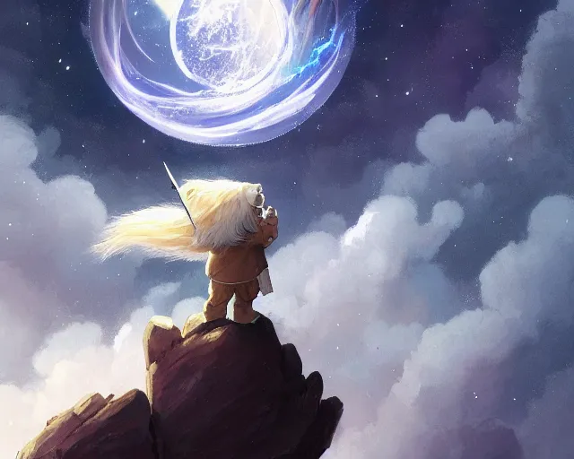 Prompt: one cartoonish kitty dressed as Gandalf floating alone in space, bright stars, anime, a fantasy digital painting by Greg Rutkowski and James Gurney, trending on Artstation, highly detailed
