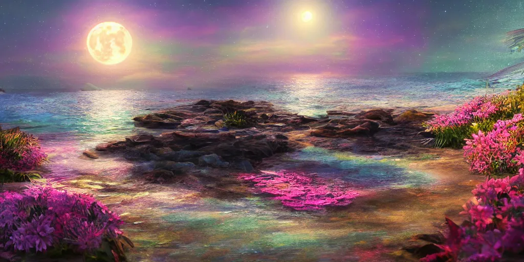 Prompt: a single glittering fairy beach cove at night, a full moon, water and colorful flowers, extremely detailed oil painting, unreal 5 render, fantasy digital art, octane render, beautiful composition, trending on artstation, award-winning photograph, masterpiece