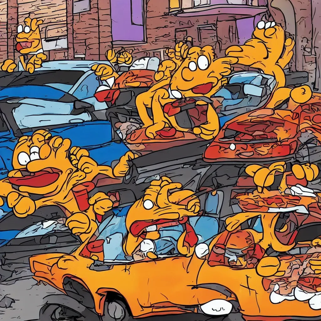 Image similar to garfield crashing a car into a pizzeria