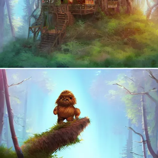 Image similar to adventurous ewok exploring the connected treehouses on top the tall wooded forest, artstation, colorful