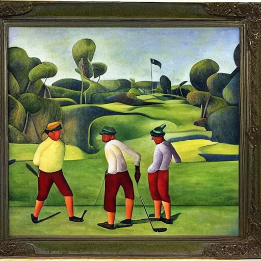 Prompt: Three golfers on a beautiful golf course, by Diego Rivera