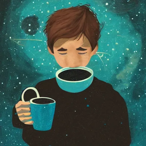 Image similar to a boy with dark eyes full of cosmic nebulae drowning in a roiling ocean of coffee spilling from a little coffee mug, nostalgic melancholic artwork