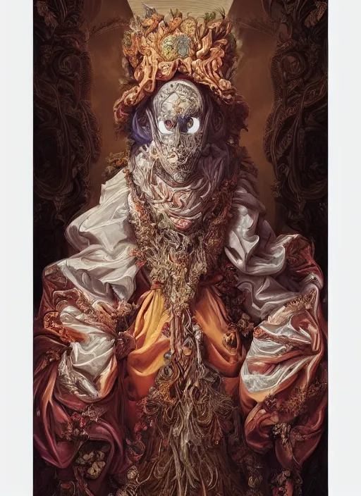 Image similar to beautiful oil painting, full length portrait of dauphinois in rococo coronation robes 1701, Dan Mumford, Dan Mumford, Alex grey, highly detailed , lsd visuals, dmt fractal patterns, hallucinogen, visionary art, psychedelic art, ornate, vaporwave, baroque, Greg rutkowski