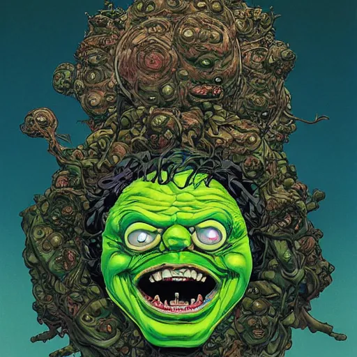 Image similar to portrait of crazy slimer, symmetrical, by yoichi hatakenaka, masamune shirow, josan gonzales and dan mumford, ayami kojima, takato yamamoto, barclay shaw, karol bak, chuck close