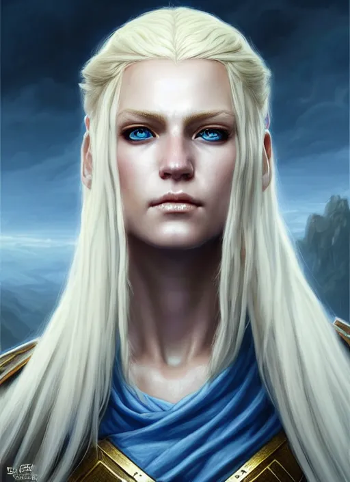 Prompt: a _ fantasy _ style _ portrait _ painting _ of white female paladin with blonde hair and blue eyes, scar under left eye, holy oil _ painting _ unreal _ 5 _ daz. _ rpg _ portrait _ extremely _ detailed _ artgerm _ greg _ rutkowski _ greg
