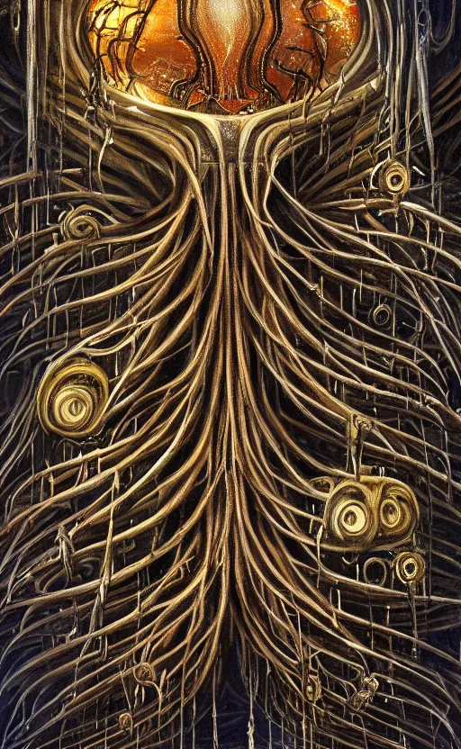 Image similar to beautiful painting of bone-masked rusty siphonophores around a balinese submerged architecture in the style of Welder Wings and H. R. Giger. Dark background, detailed, trending on Artstation