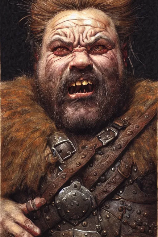 Prompt: head and shoulders portrait of a dwarf adventurer, jovial, scarred lip, grandfatherly, leather armor, male, tavern, high fantasy, d & d, by donato giancola, face details, extremely detailed, digital illustration