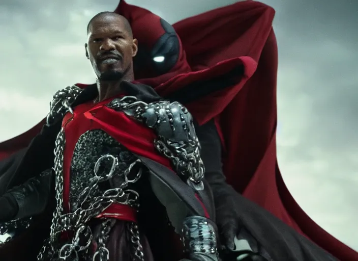 Image similar to film still of jamie foxx as spawn in the new spawn movie, giant chains, large cape, 8 k