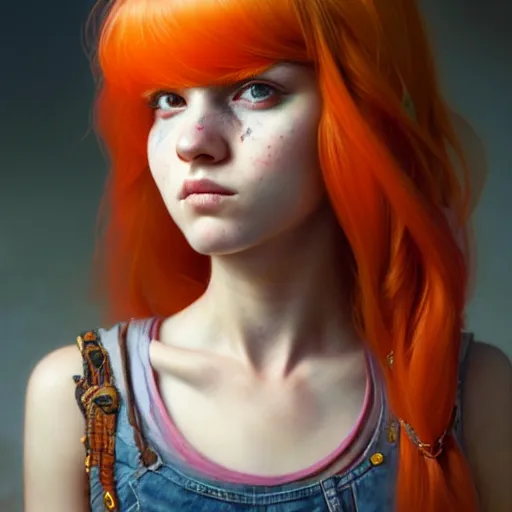 Prompt: portrait painting of a cute teenage girl with wild orange hair swept back wearing punk clothes, ultra realistic, concept art, intricate details, eerie, highly detailed, photorealistic, octane render, 8 k, unreal engine. art by artgerm and greg rutkowski and charlie bowater and magali villeneuve and alphonse mucha