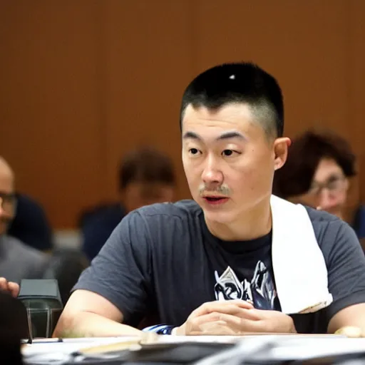 Prompt: justin sun at his regular meeting of arsonists anonymous - 4