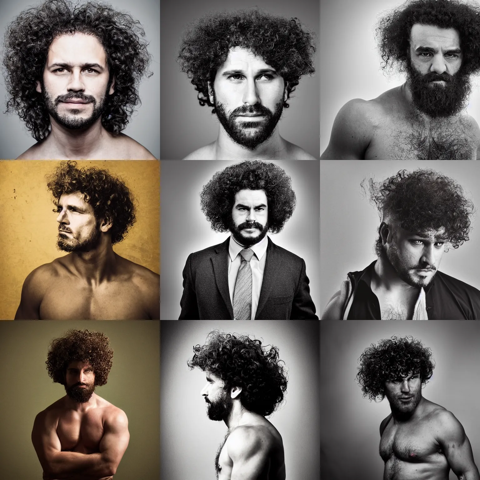 Prompt: portrait of a strongman with curly hair, photography