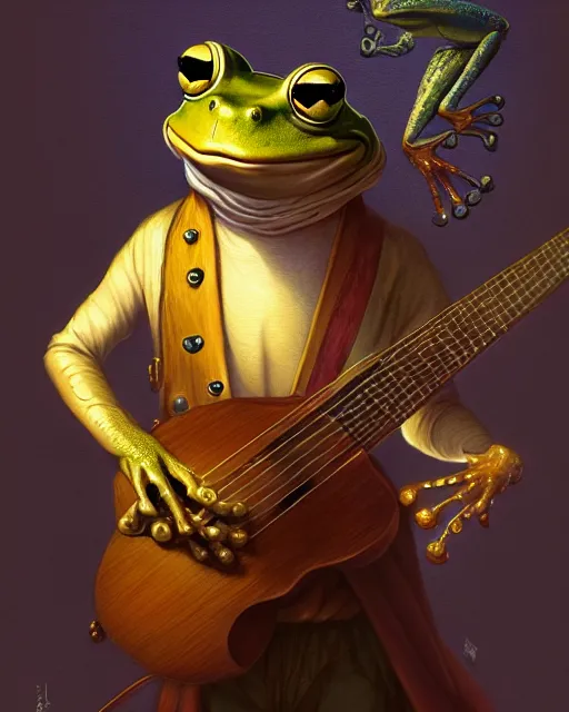 Image similar to anthropomorphic art of a frog with a guitar, medieval clothing by artgerm, victo ngai, ryohei hase, artstation, highly detailed digital painting, smooth, global illumination, fantasy art by greg rutkowsky, karl spitzweg