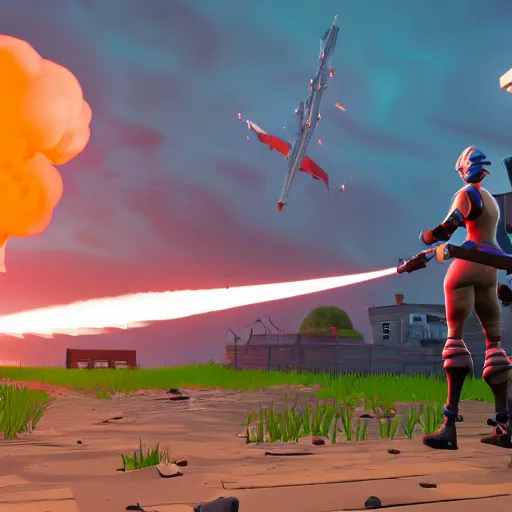 Image similar to multiple fortnite minuteman missile launches in the background, 3 d render, unreal engine 4, high quality