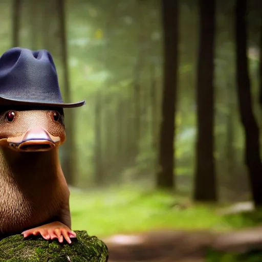 Image similar to detailed photograph of a platypus wearing a fedora in a forest, national geographic, realistic, cinematic lighting, 8 k, cute, adorable, fedora, wearing a hat, wearing a fedora, realistic